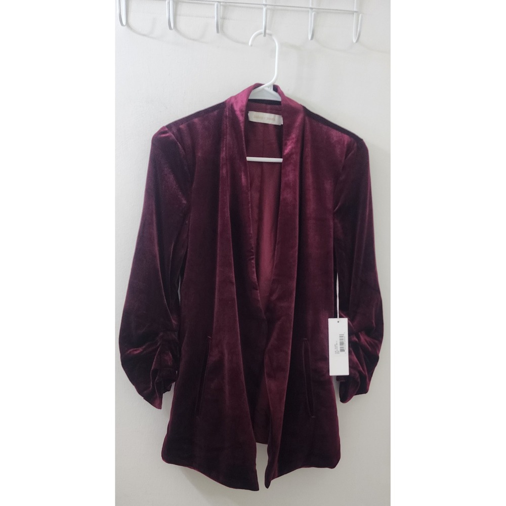 Bishop + Young Icon Velvet Blazer Ruby Red Ruched Sleeve Open Front K6DJK1352V S